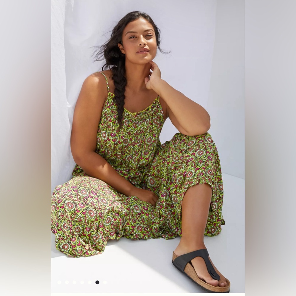 Anthropologie Dress Medium Green Flounced Maxi Lounge Breezy Sundress Boho